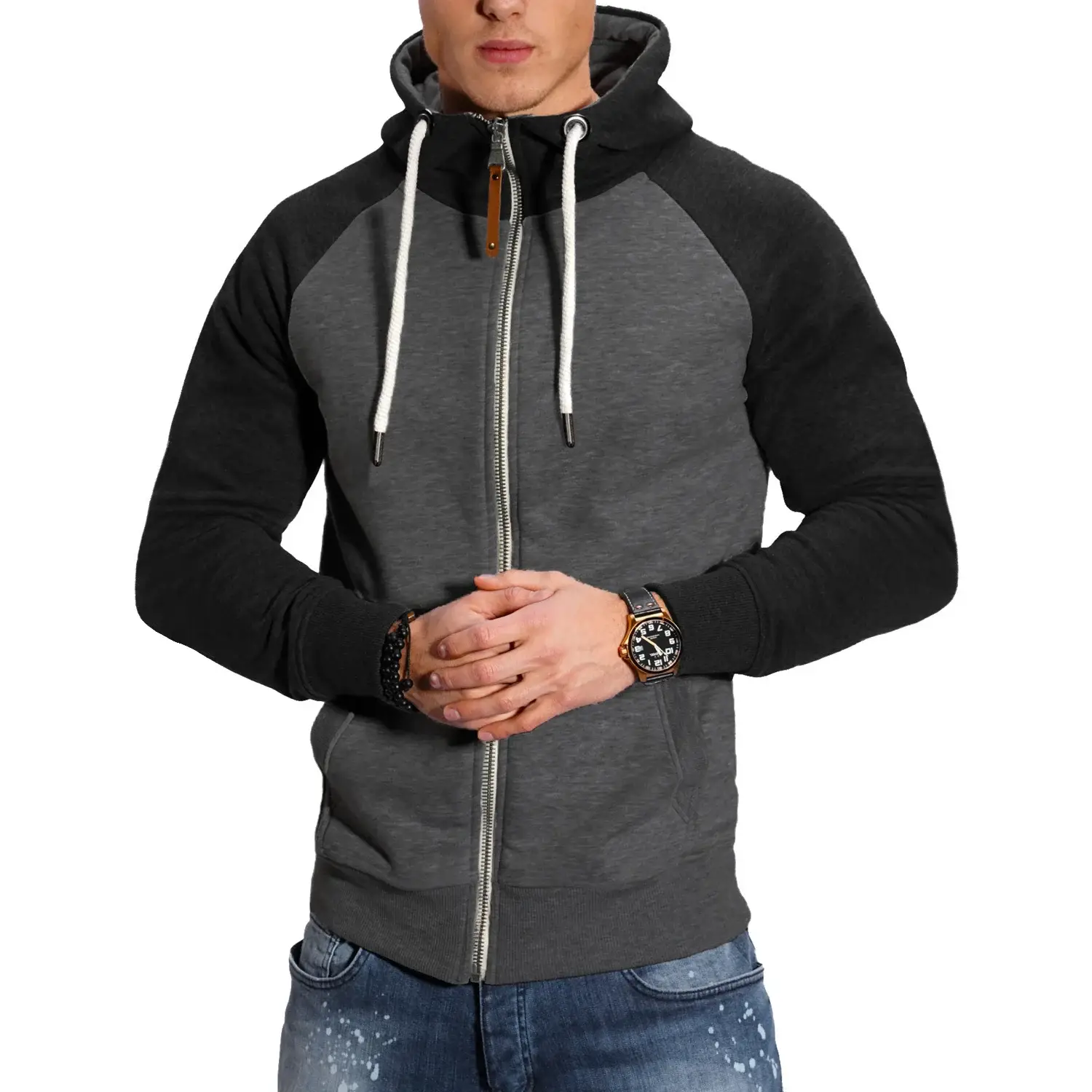 Men's Blue Black Hoodie Sweatshirt Set with Zip Front — feature 29