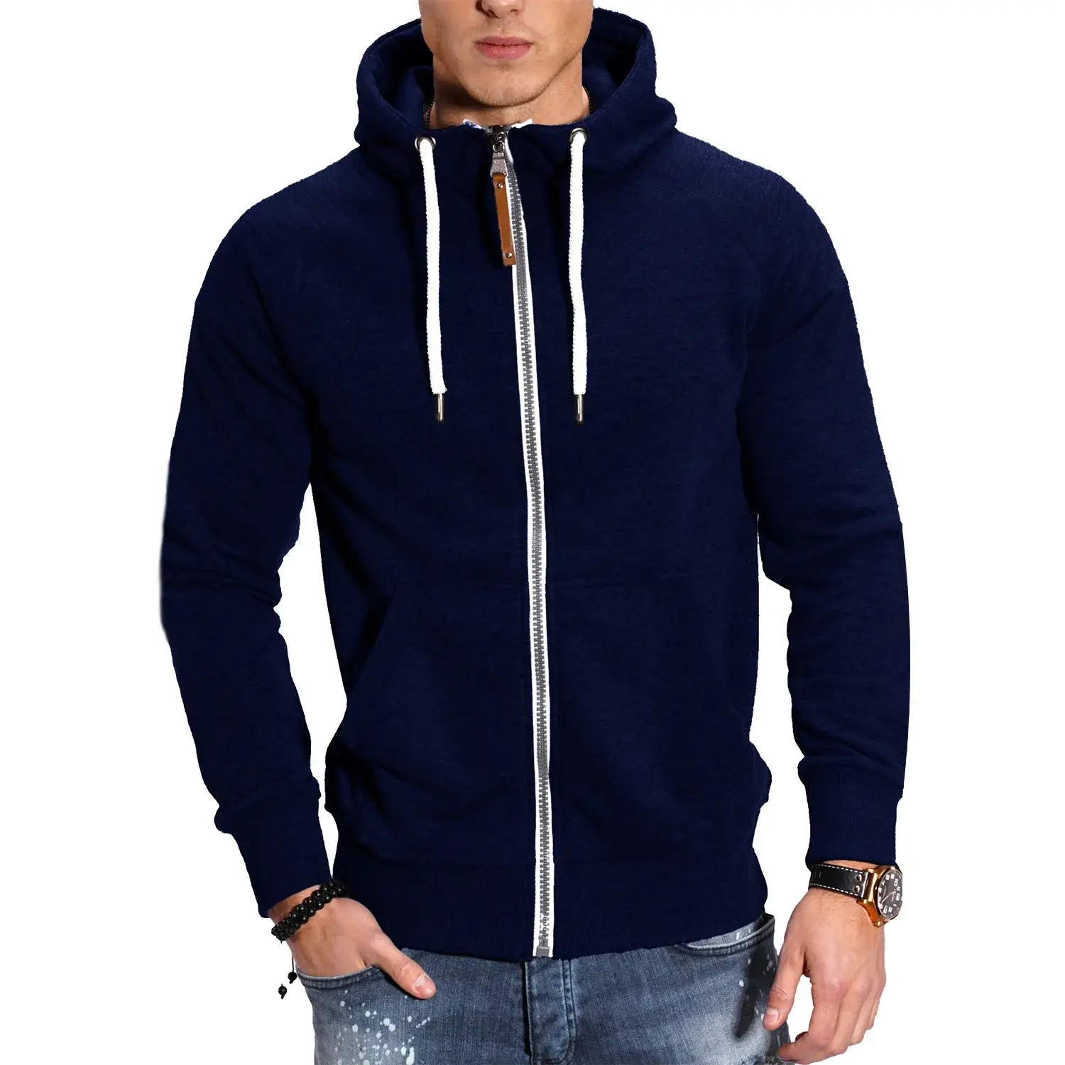 Men's Blue Black Hoodie Sweatshirt Set with Zip Front — feature 39