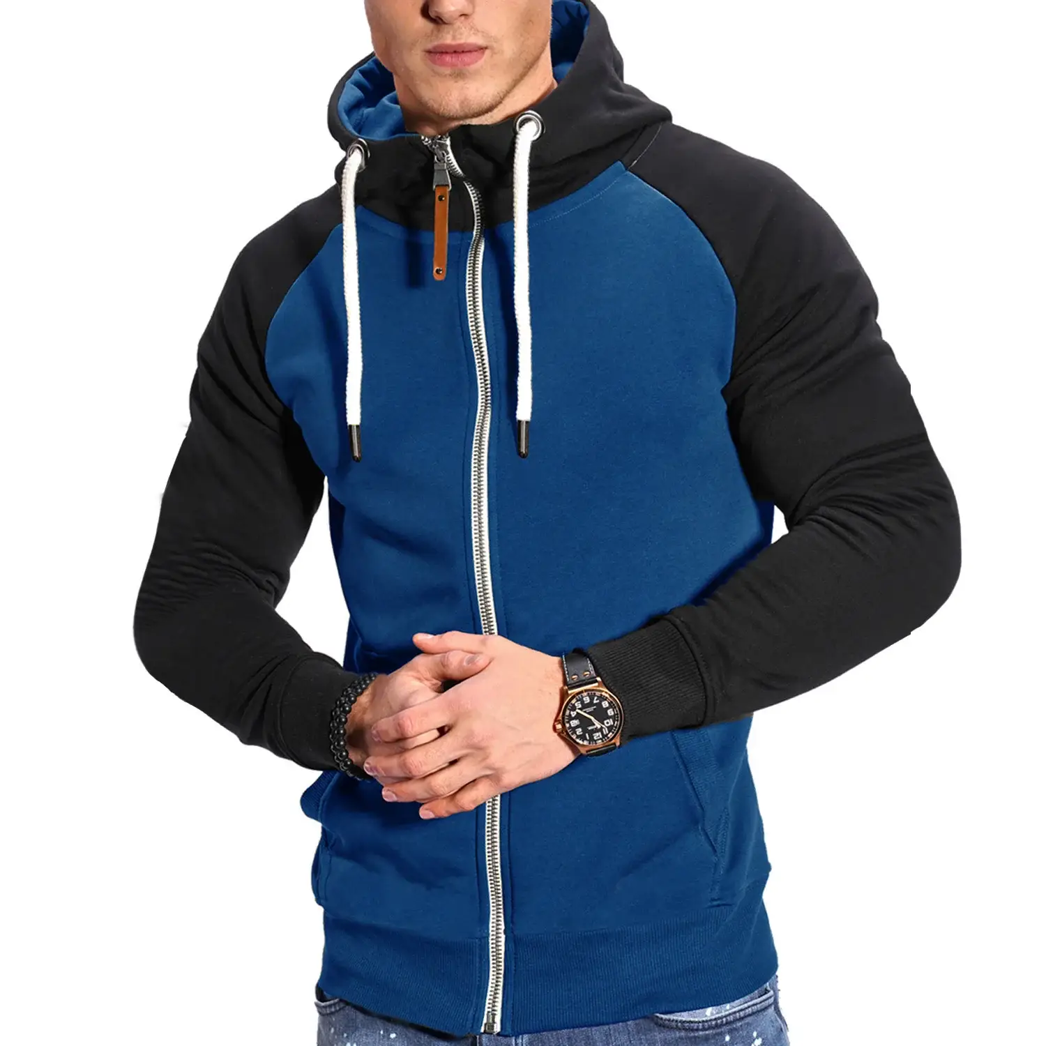 Men's Blue Black Hoodie Sweatshirt Set with Zip Front — feature 4