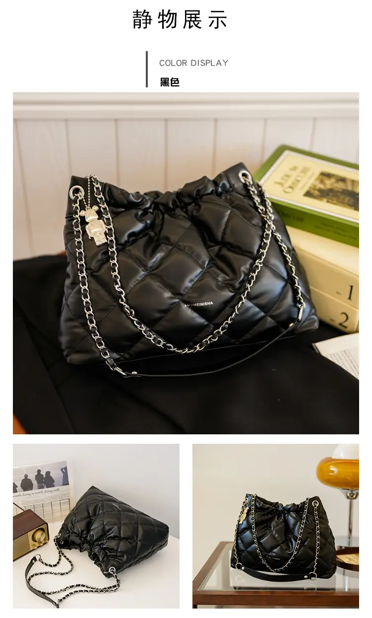 Women Rhombus Chain Bucket Bag Large Capacity Cream — feature 13