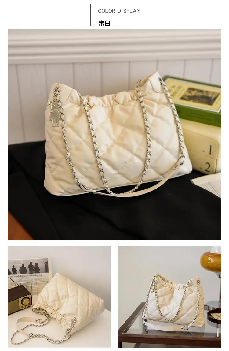 Women Rhombus Chain Bucket Bag Large Capacity Cream — feature 14