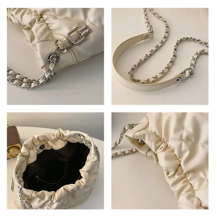 Women Rhombus Chain Bucket Bag Large Capacity Cream — feature 6