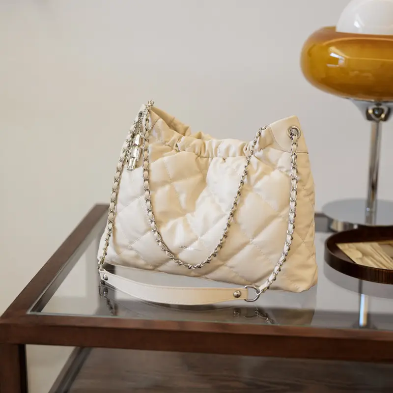 Women Rhombus Chain Bucket Bag Large Capacity Cream - Image 2