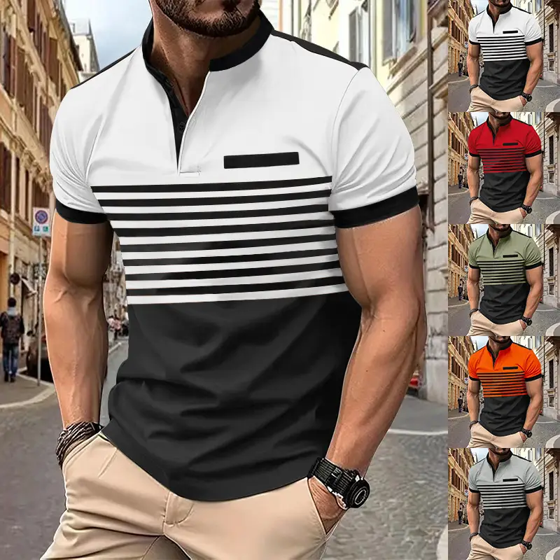 Men Red Black Striped Polo Shirt 2024 Summer — feature 3