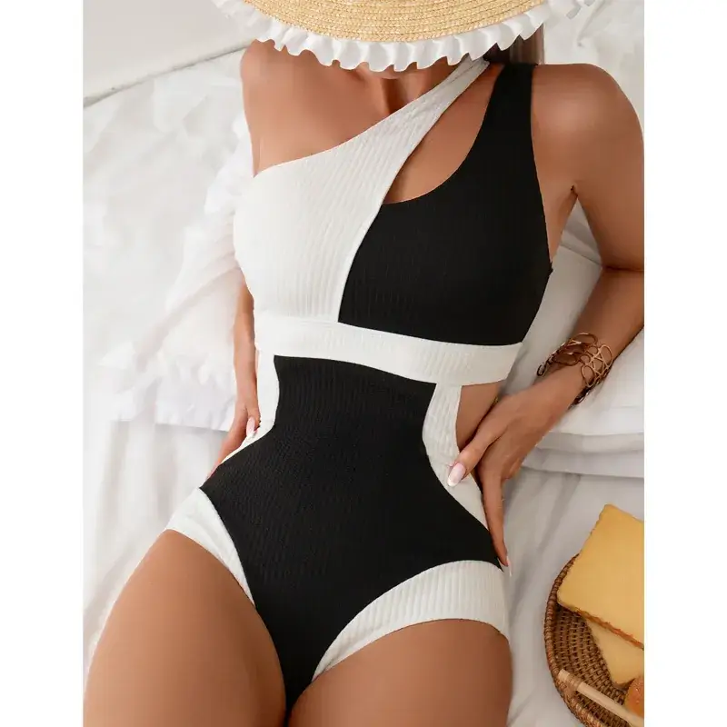 2025 Foreign Trade Cross-Border Swimwear, Feminine Black and White Color-Blocking One-Piece Fashionable Trendy European and American Bikini Swimsuit One-Piece