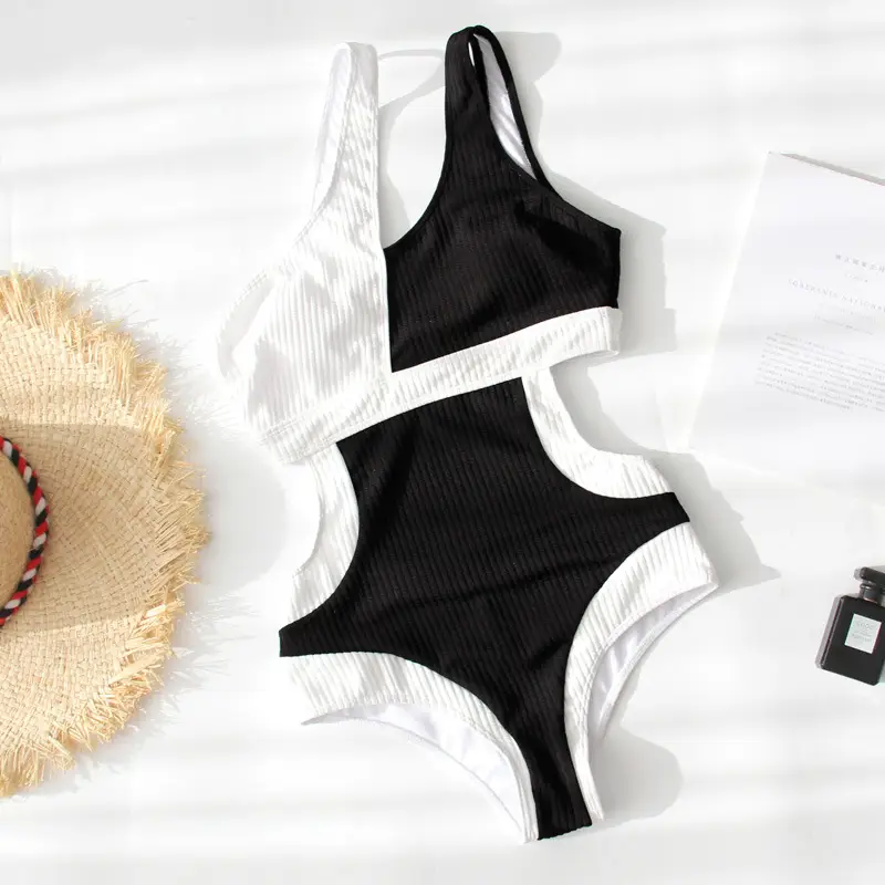 2025 Foreign Trade Cross-Border Swimwear, Feminine Black and White Color-Blocking One-Piece Fashionable Trendy European and American Bikini Swimsuit One-Piece — feature 5