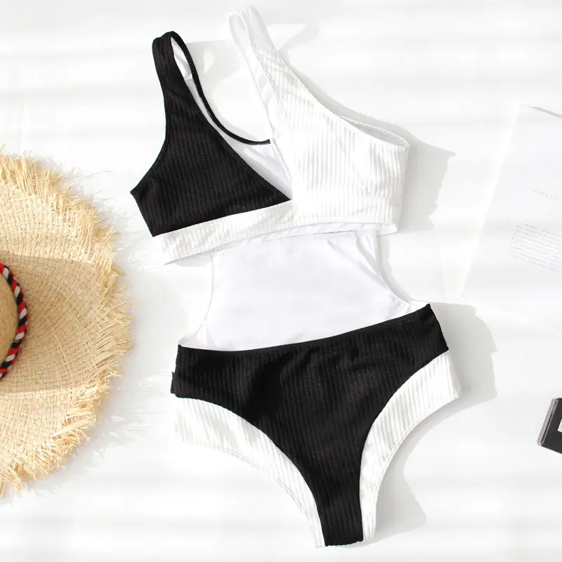 2025 Foreign Trade Cross-Border Swimwear, Feminine Black and White Color-Blocking One-Piece Fashionable Trendy European and American Bikini Swimsuit One-Piece — feature 6
