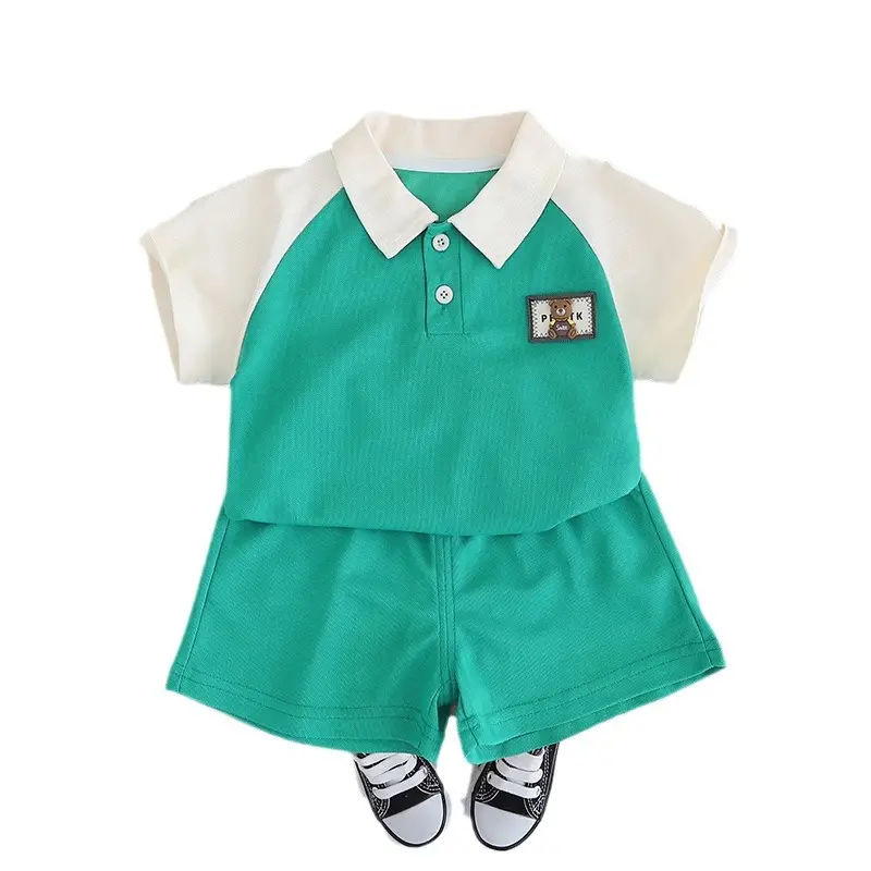 Children Cotton Polo Shirt Shorts Set Green White Summer - Image 7