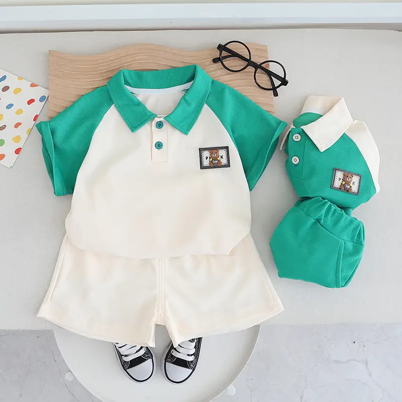 Children Cotton Polo Shirt Shorts Set Green White Summer — feature 13