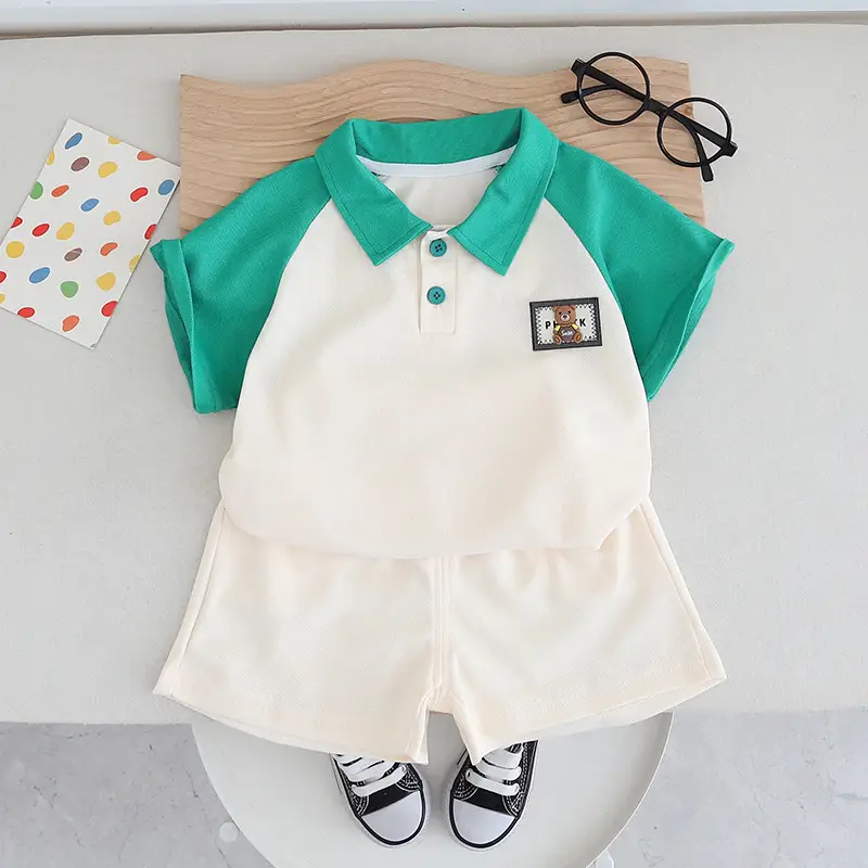Children Cotton Polo Shirt Shorts Set Green White Summer — feature 2