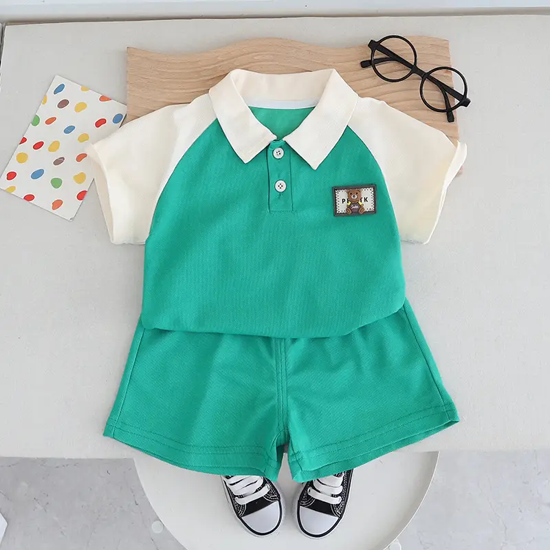 Children Cotton Polo Shirt Shorts Set Green White Summer - Image 2