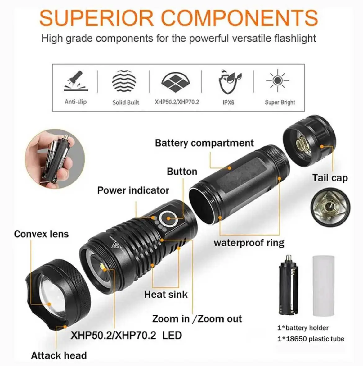 Cross-border LED Flashlight Waterproof Zoom Long Range Outdoor Use β feature 13