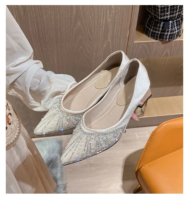 French high heel rhinestone Pearl work shoes soft bottom women's shoes 2024 spring pointed single-layer shoes women's evening wind gentle shoes — feature 12