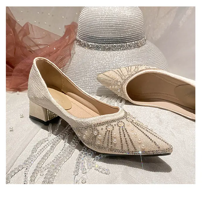 French high heel rhinestone Pearl work shoes soft bottom women's shoes 2024 spring pointed single-layer shoes women's evening wind gentle shoes — feature 23