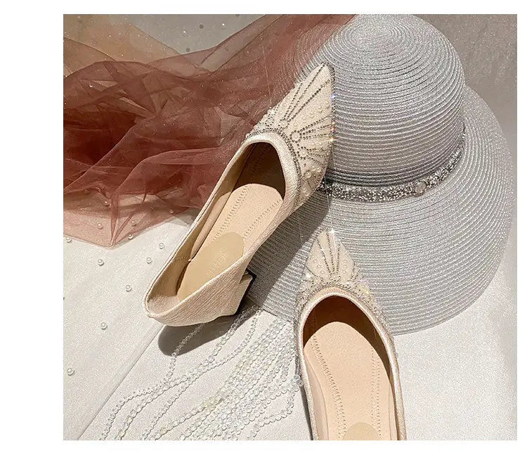 French high heel rhinestone Pearl work shoes soft bottom women's shoes 2024 spring pointed single-layer shoes women's evening wind gentle shoes — feature 24