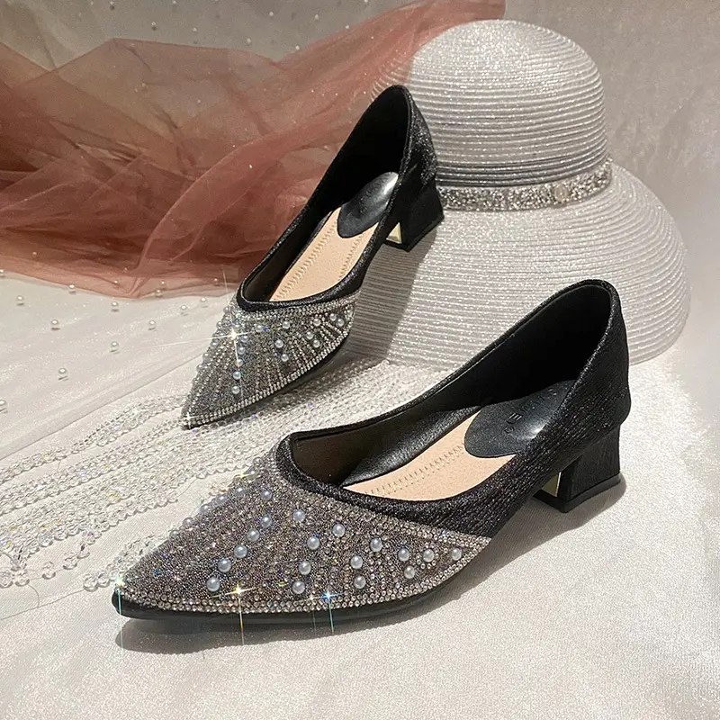 French high heel rhinestone Pearl work shoes soft bottom women's shoes 2024 spring pointed single-layer shoes women's evening wind gentle shoes - Image 2