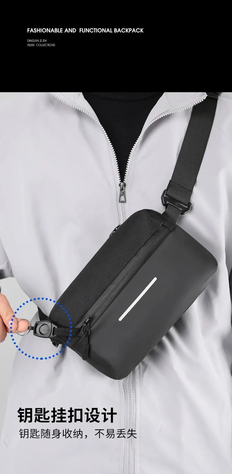 Men's Lightweight Crossbody Bag Black Textured — feature 4