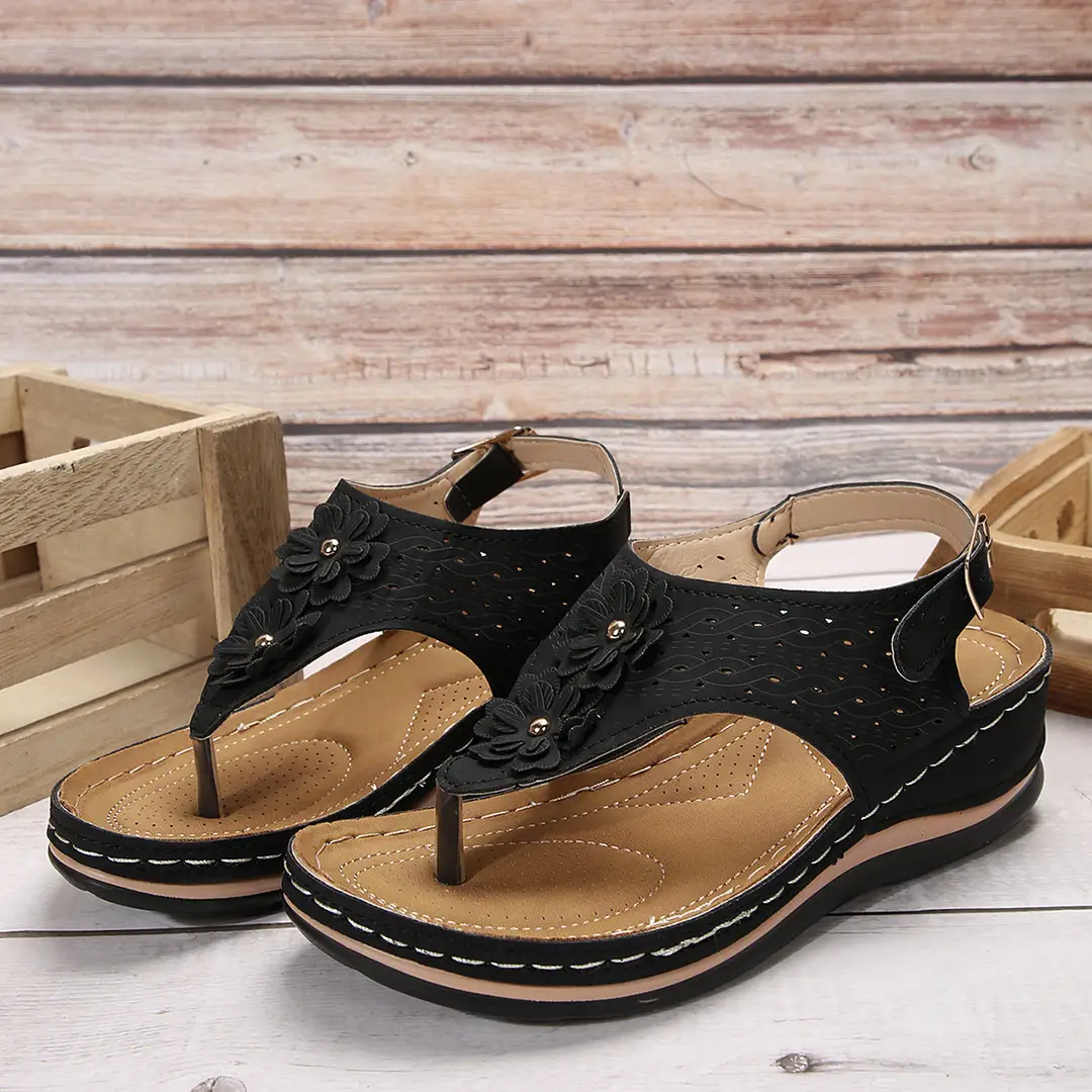 Outer size cross-border summer flip flops flower muffin bottom slippers plus size casual women's rubber sandals buckle sandals — feature 17