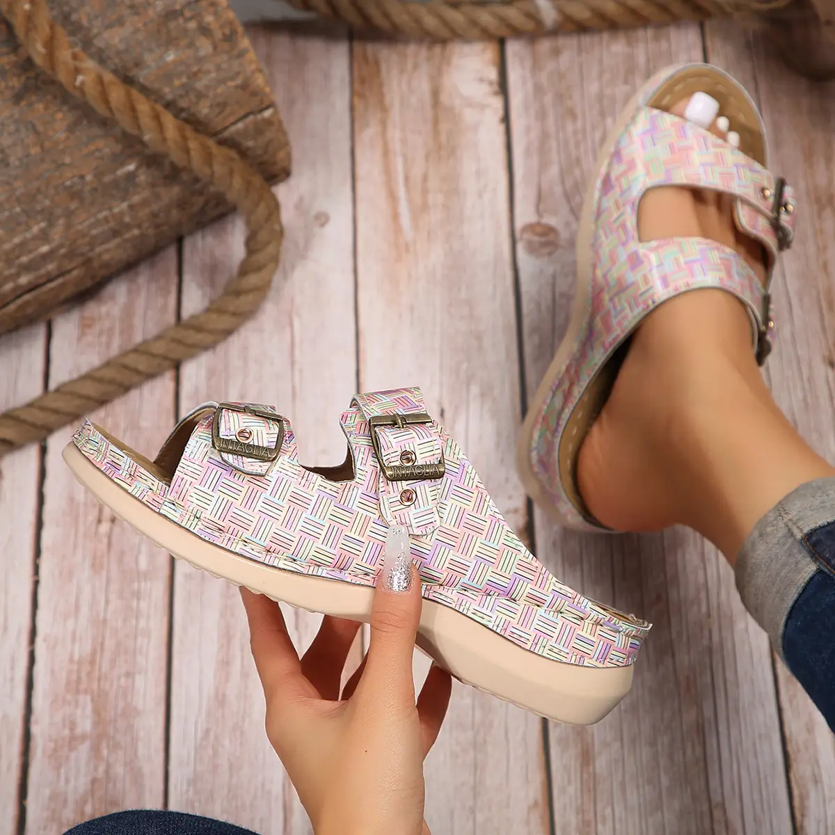 Women Plaid Hollow Metal Sandals 2024 Summer — feature 12