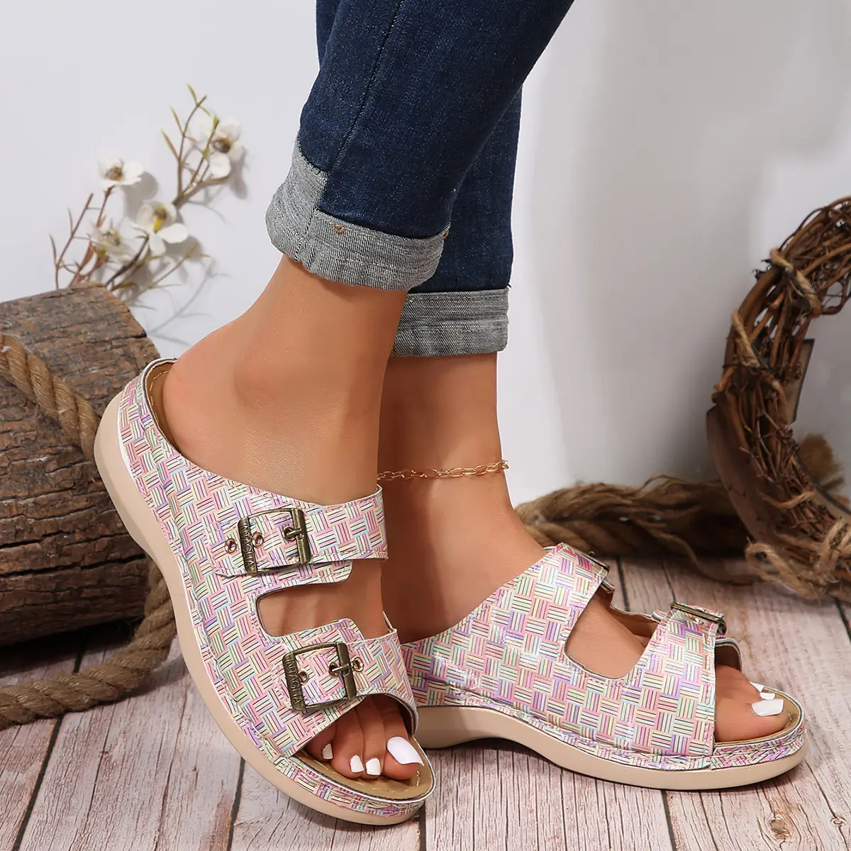 Women Plaid Hollow Metal Sandals 2024 Summer — feature 17