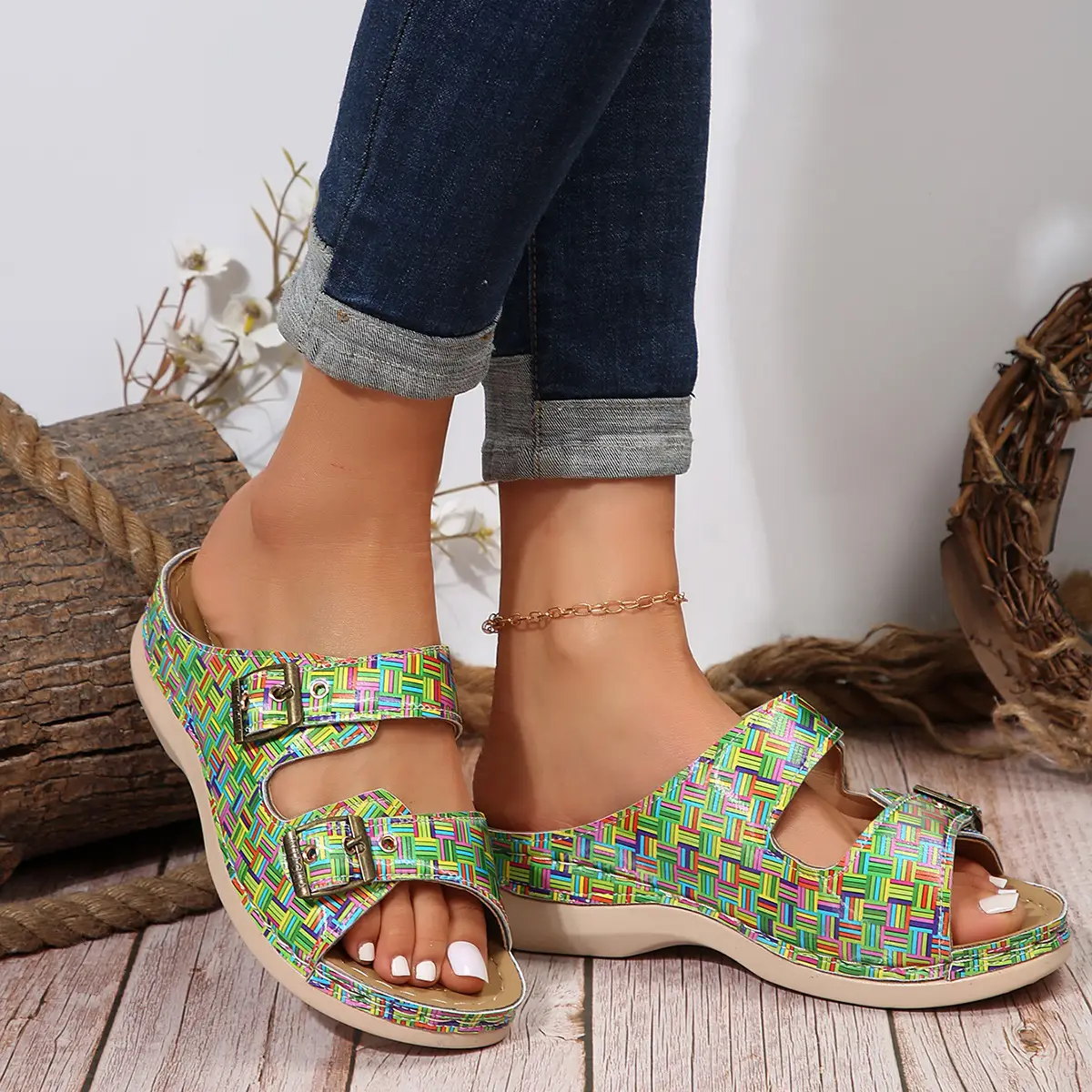 Women Plaid Hollow Metal Sandals 2024 Summer — feature 5