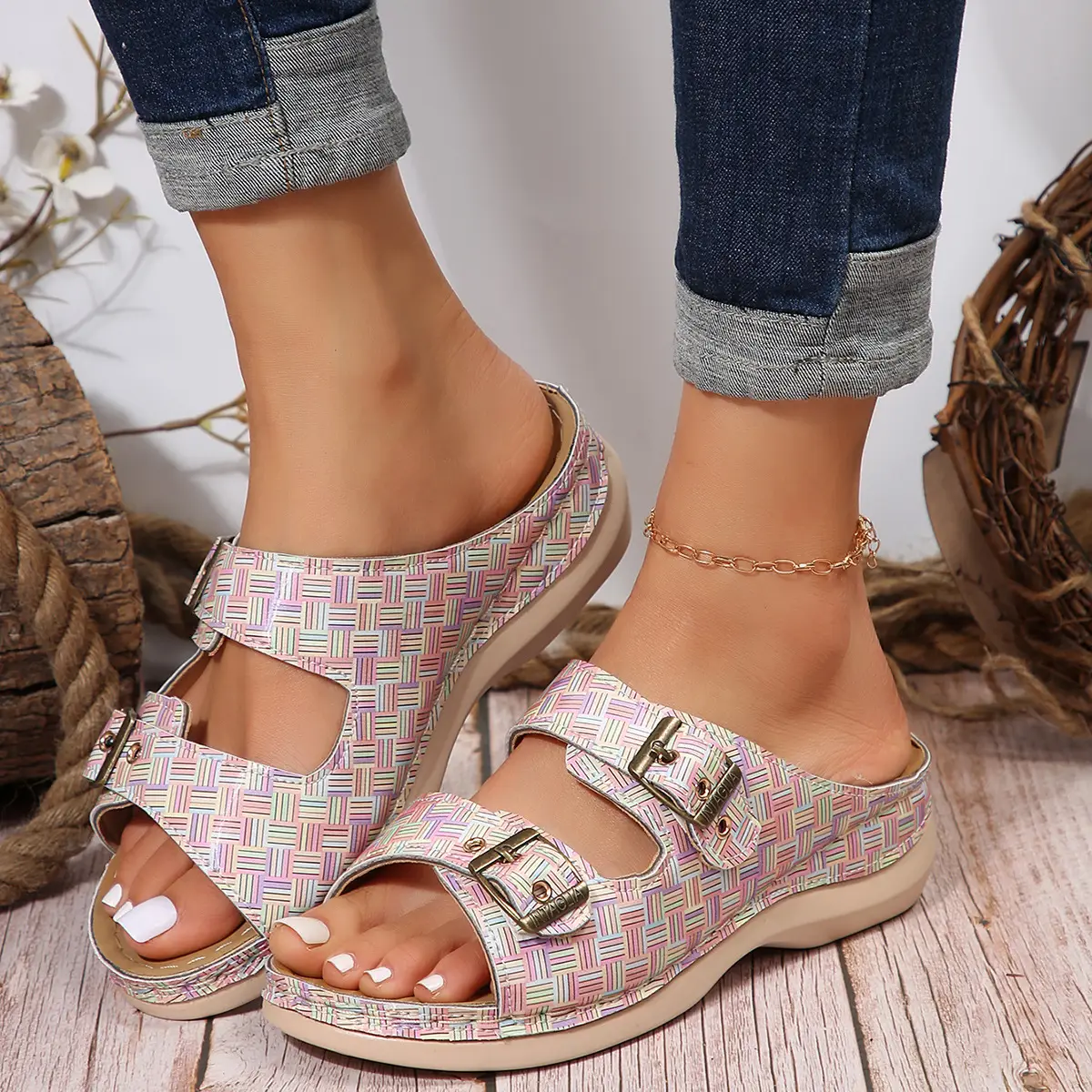 Women Plaid Hollow Metal Sandals 2024 Summer