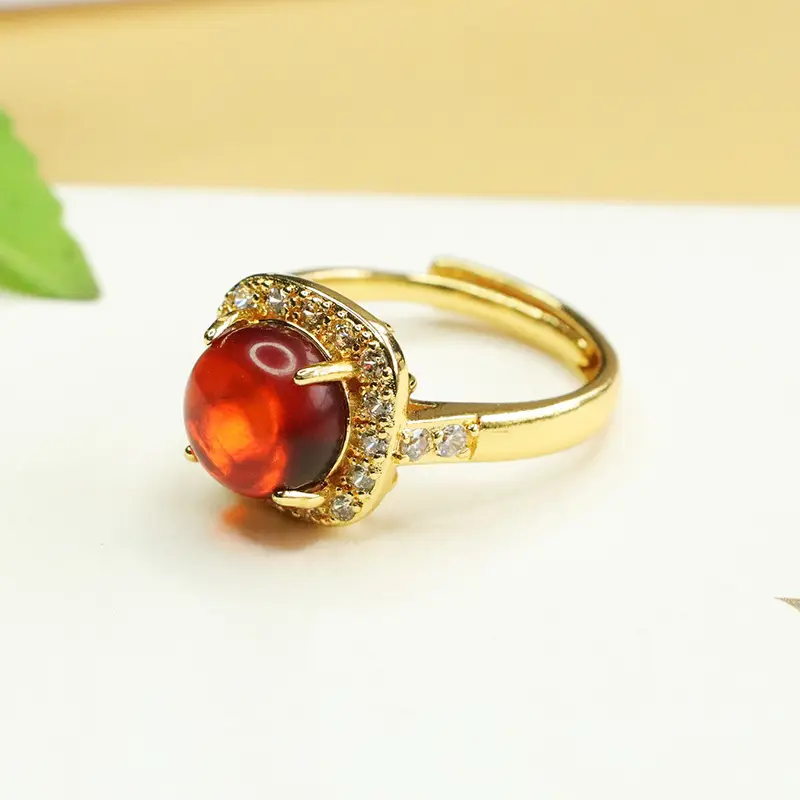 Aiyu Natural Amber Ring Ethnic Style Gold Plated - Image 2
