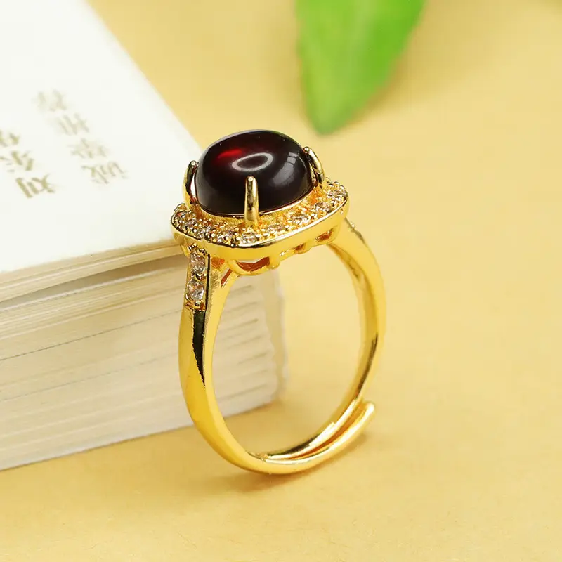 Aiyu Natural Amber Ring Ethnic Style Gold Plated - Image 3