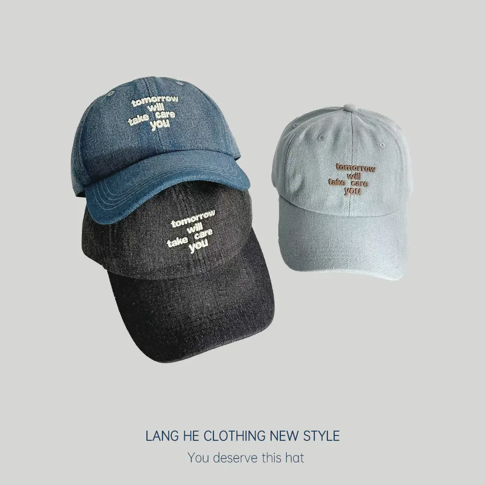 Women Blue Letter Denim Baseball Cap with Quote - Image 5