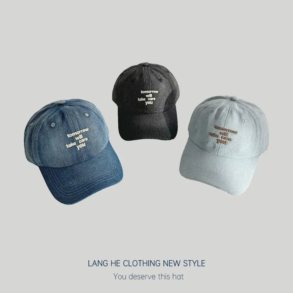 Women Blue Letter Denim Baseball Cap with Quote - Image 6