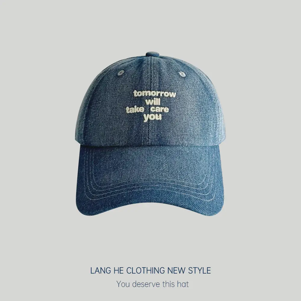 Women Blue Letter Denim Baseball Cap with Quote - Image 2