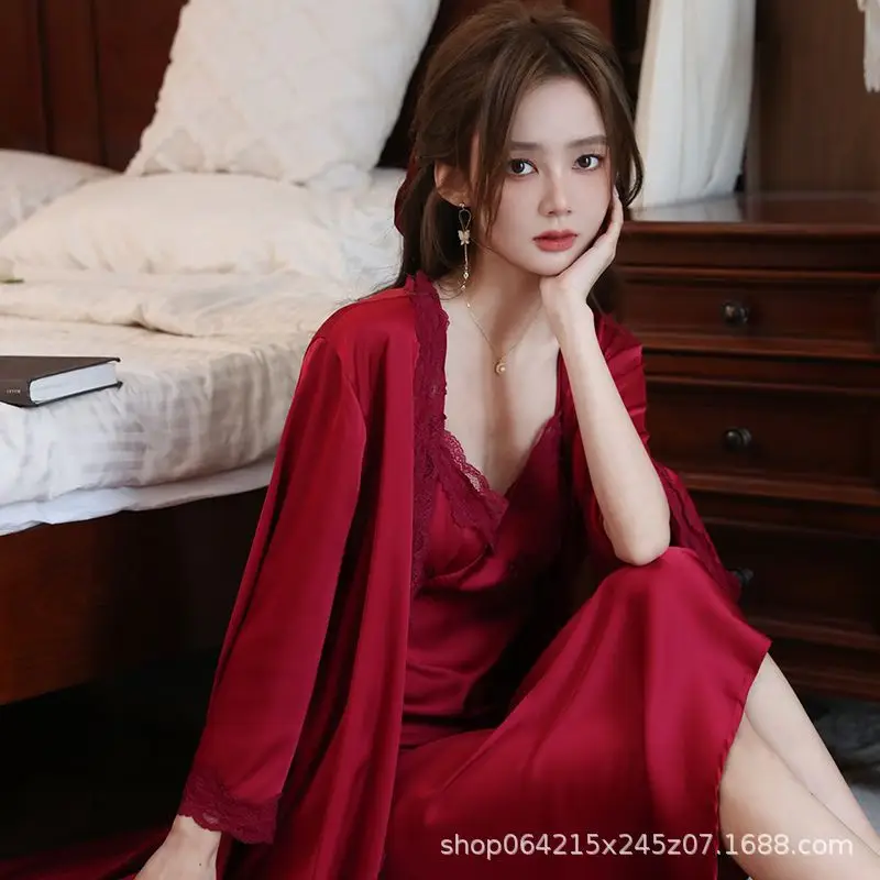 French Court Style Pajamas Women's Spring and Autumn High-grade Ice Silk Red Festive Year Bride Morning Gown Long Nightgown