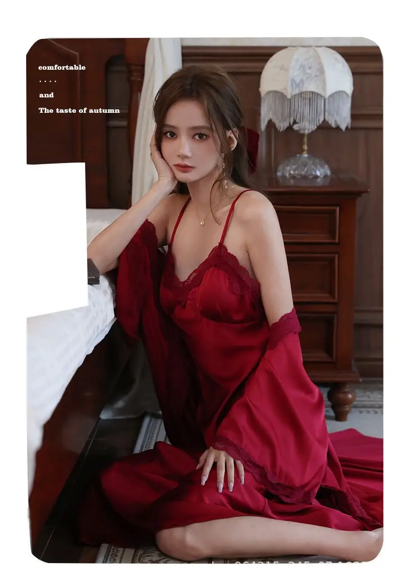 French Court Style Pajamas Women's Spring and Autumn High-grade Ice Silk Red Festive Year Bride Morning Gown Long Nightgown — feature 1