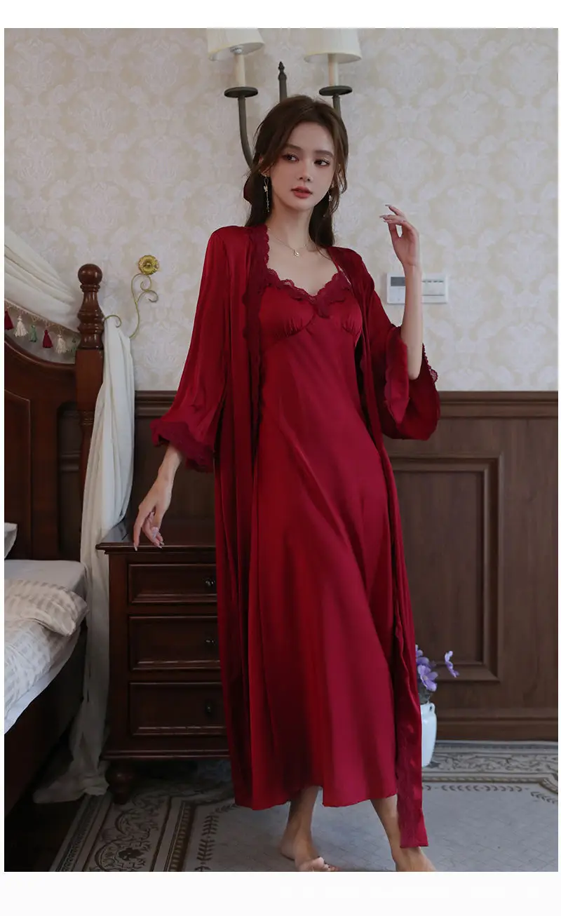 French Court Style Pajamas Women's Spring and Autumn High-grade Ice Silk Red Festive Year Bride Morning Gown Long Nightgown — feature 10