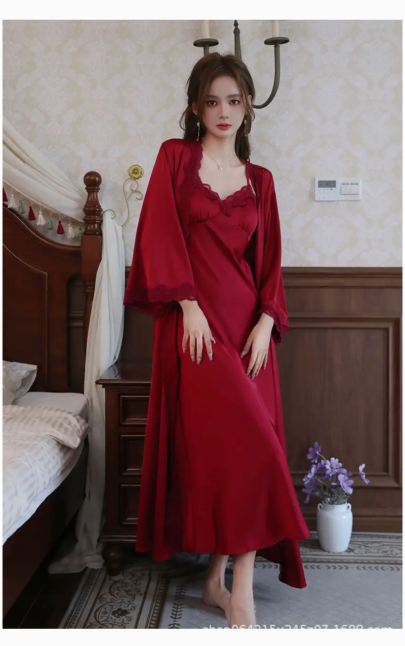 French Court Style Pajamas Women's Spring and Autumn High-grade Ice Silk Red Festive Year Bride Morning Gown Long Nightgown — feature 11