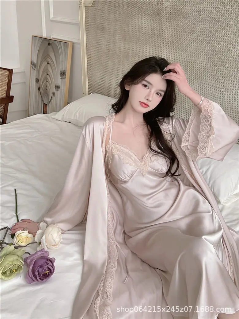 French Court Style Pajamas Women's Spring and Autumn High-grade Ice Silk Red Festive Year Bride Morning Gown Long Nightgown — feature 14