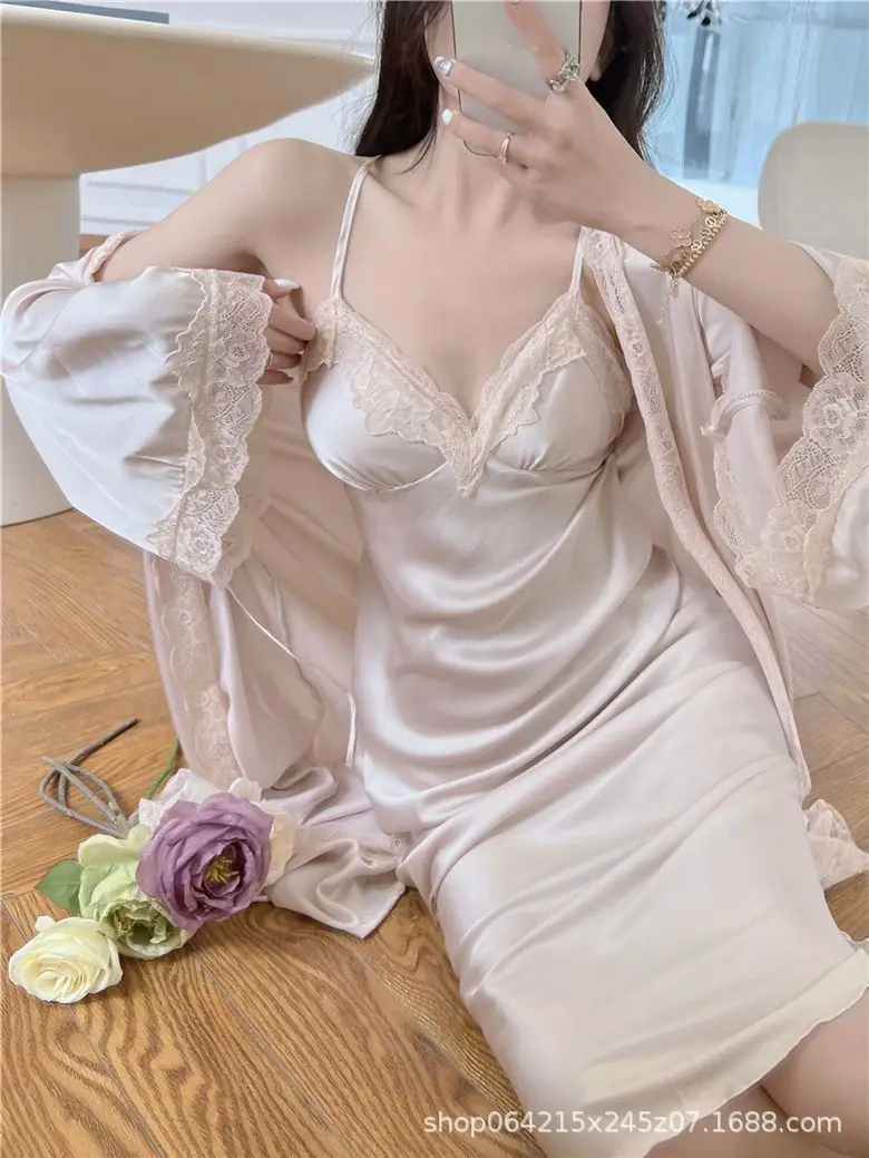 French Court Style Pajamas Women's Spring and Autumn High-grade Ice Silk Red Festive Year Bride Morning Gown Long Nightgown — feature 15