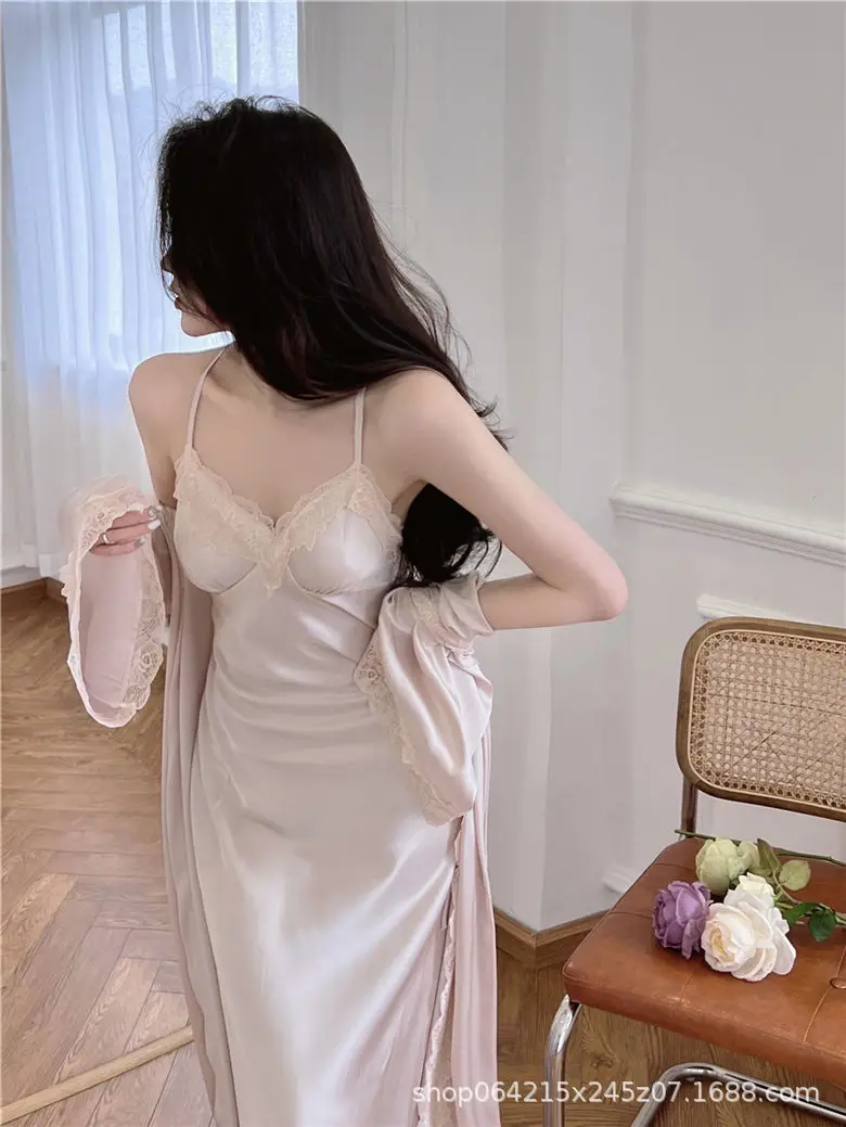 French Court Style Pajamas Women's Spring and Autumn High-grade Ice Silk Red Festive Year Bride Morning Gown Long Nightgown — feature 19