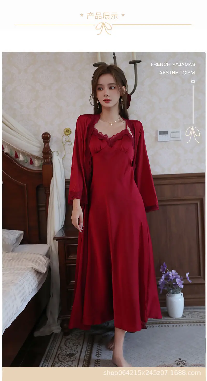 French Court Style Pajamas Women's Spring and Autumn High-grade Ice Silk Red Festive Year Bride Morning Gown Long Nightgown — feature 2