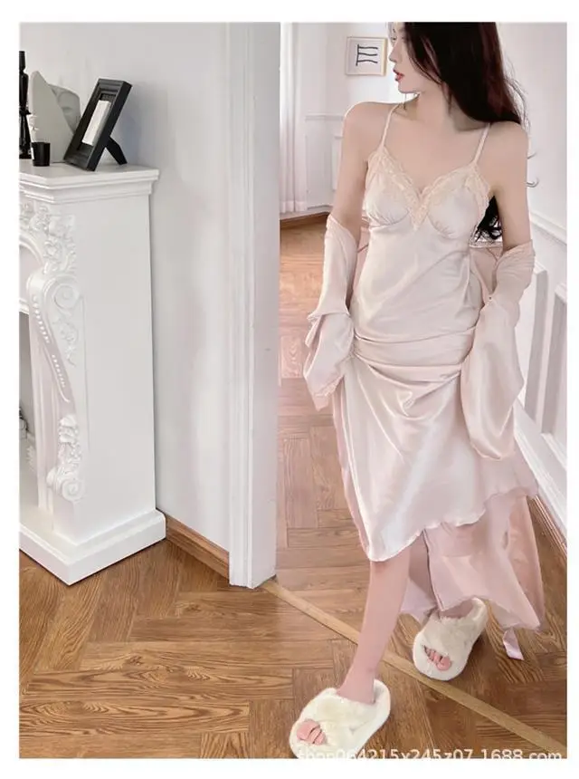 French Court Style Pajamas Women's Spring and Autumn High-grade Ice Silk Red Festive Year Bride Morning Gown Long Nightgown — feature 20
