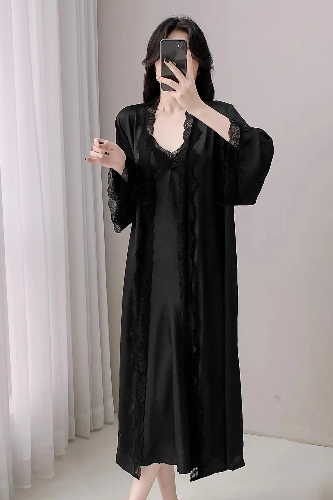 French Court Style Pajamas Women's Spring and Autumn High-grade Ice Silk Red Festive Year Bride Morning Gown Long Nightgown — feature 22