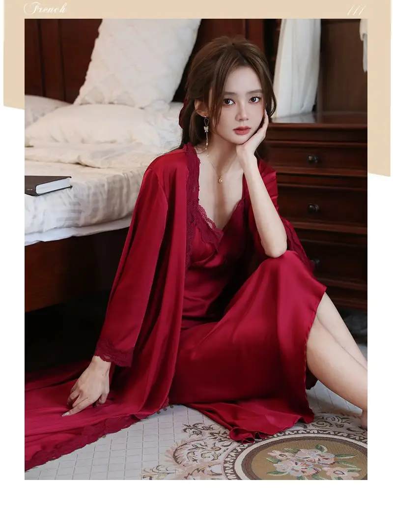 French Court Style Pajamas Women's Spring and Autumn High-grade Ice Silk Red Festive Year Bride Morning Gown Long Nightgown — feature 3