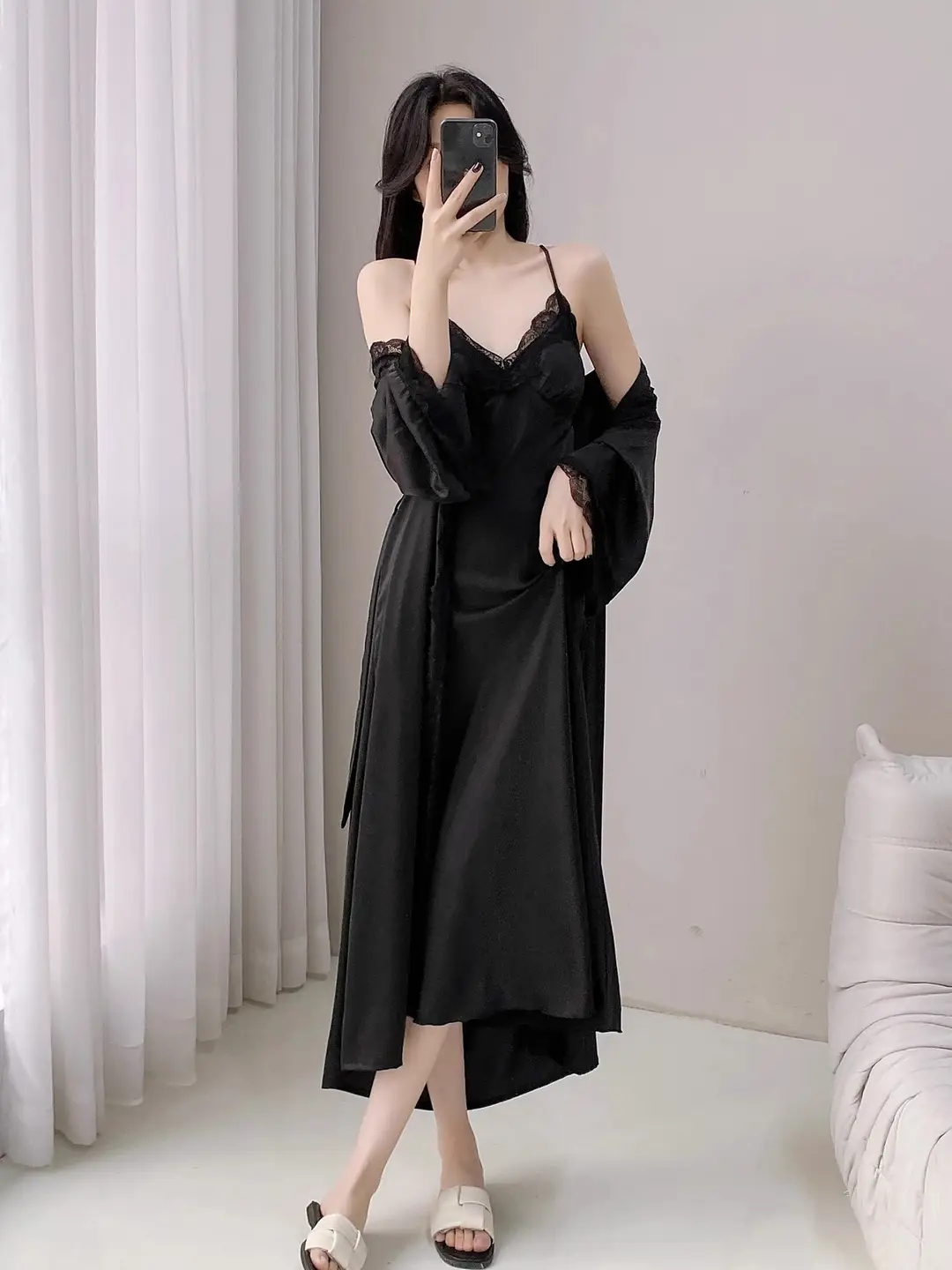French Court Style Pajamas Women's Spring and Autumn High-grade Ice Silk Red Festive Year Bride Morning Gown Long Nightgown — feature 30