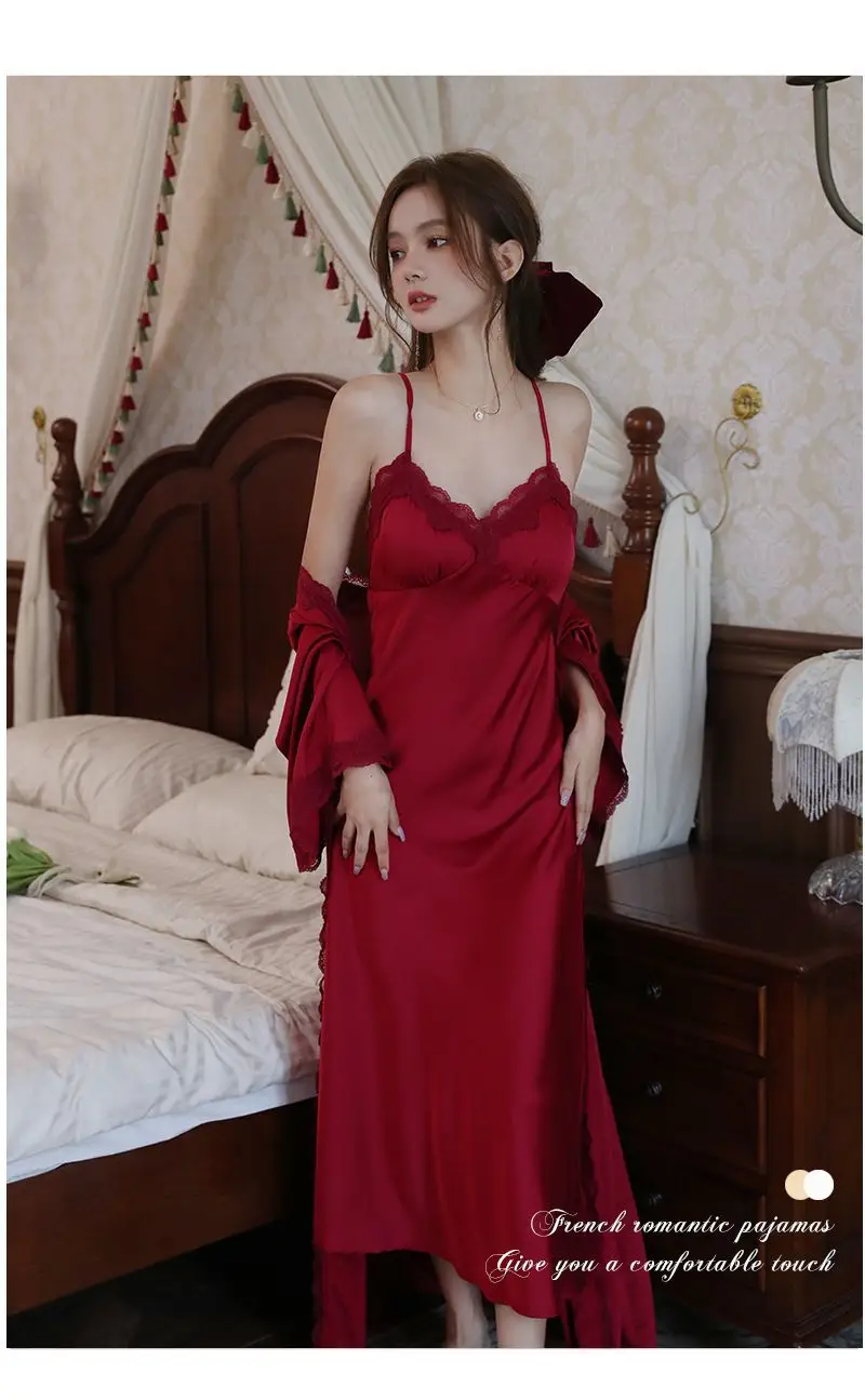French Court Style Pajamas Women's Spring and Autumn High-grade Ice Silk Red Festive Year Bride Morning Gown Long Nightgown — feature 4