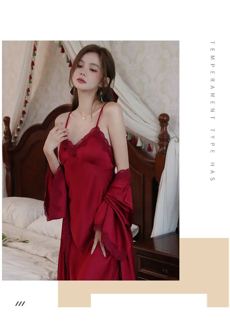 French Court Style Pajamas Women's Spring and Autumn High-grade Ice Silk Red Festive Year Bride Morning Gown Long Nightgown — feature 5