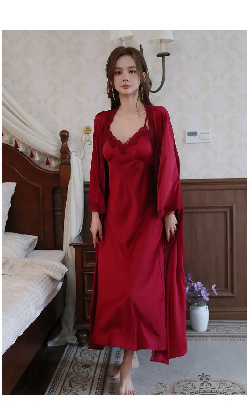 French Court Style Pajamas Women's Spring and Autumn High-grade Ice Silk Red Festive Year Bride Morning Gown Long Nightgown — feature 6