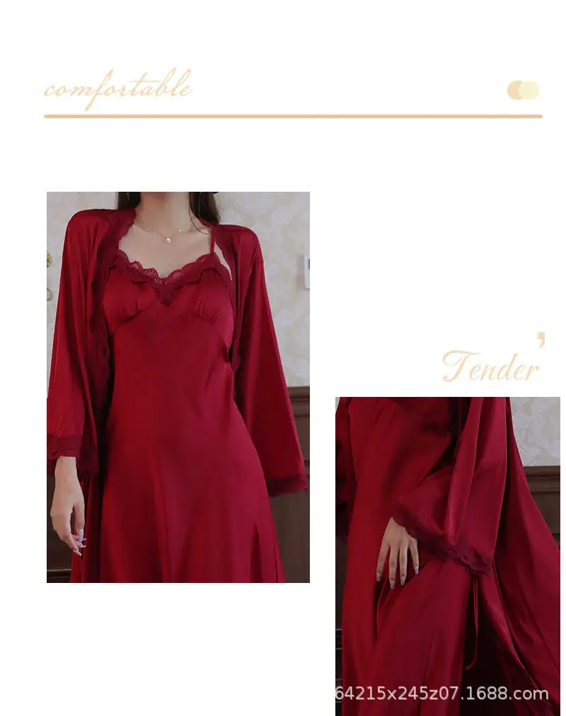 French Court Style Pajamas Women's Spring and Autumn High-grade Ice Silk Red Festive Year Bride Morning Gown Long Nightgown — feature 7