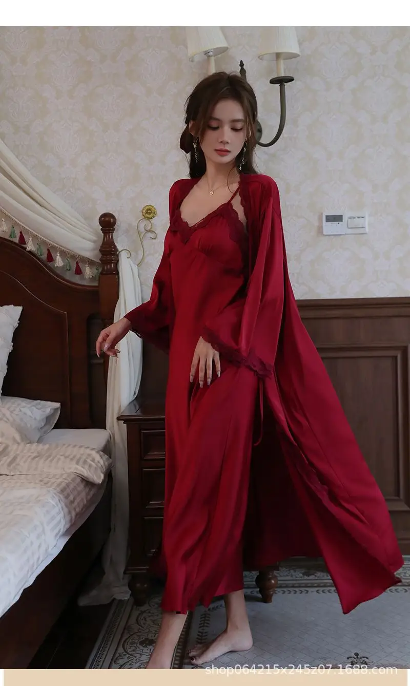 French Court Style Pajamas Women's Spring and Autumn High-grade Ice Silk Red Festive Year Bride Morning Gown Long Nightgown — feature 8