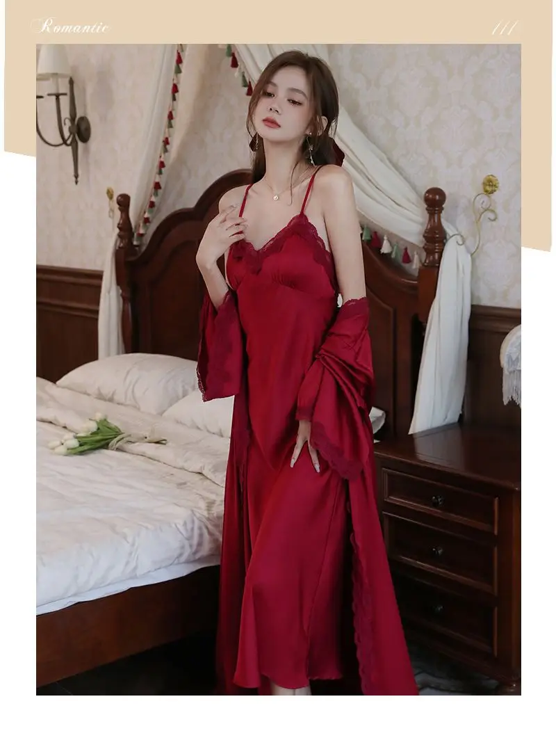French Court Style Pajamas Women's Spring and Autumn High-grade Ice Silk Red Festive Year Bride Morning Gown Long Nightgown — feature 9