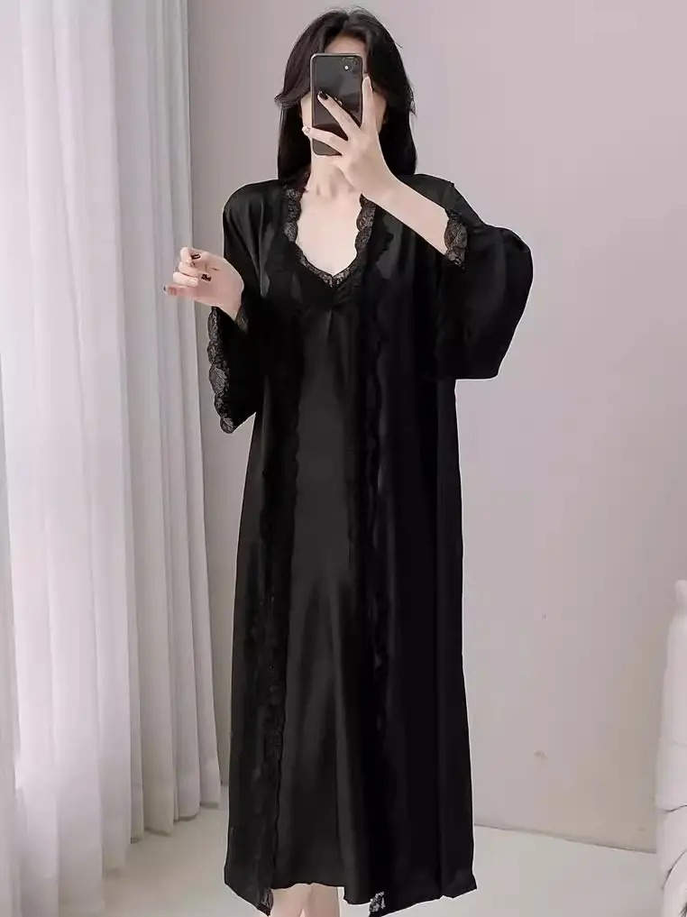 French Court Style Pajamas Women's Spring and Autumn High-grade Ice Silk Red Festive Year Bride Morning Gown Long Nightgown